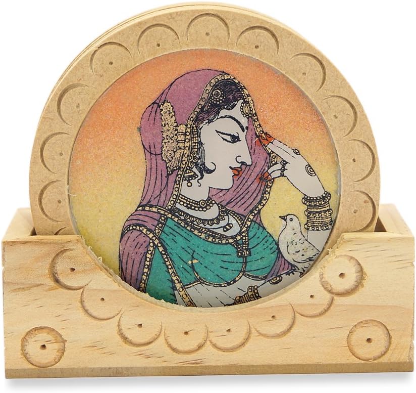 Handmade Wooden Gemstone Banithani Painting Tea Coasters Set Of 6