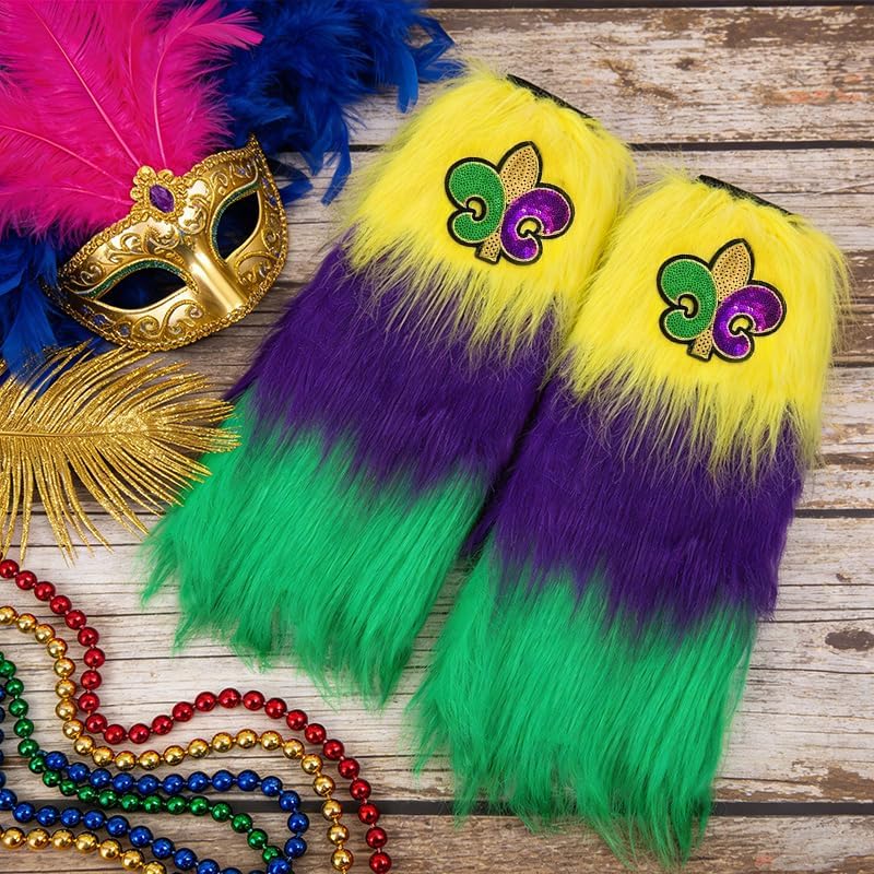Fuzzy mardi gras Leg Warmers with Fleur De Lis, Purple Green Yellow Faux Fur Leg Covers, mardi gras Outfit for Women mardi gras Costume Accessories for Party Dress Up