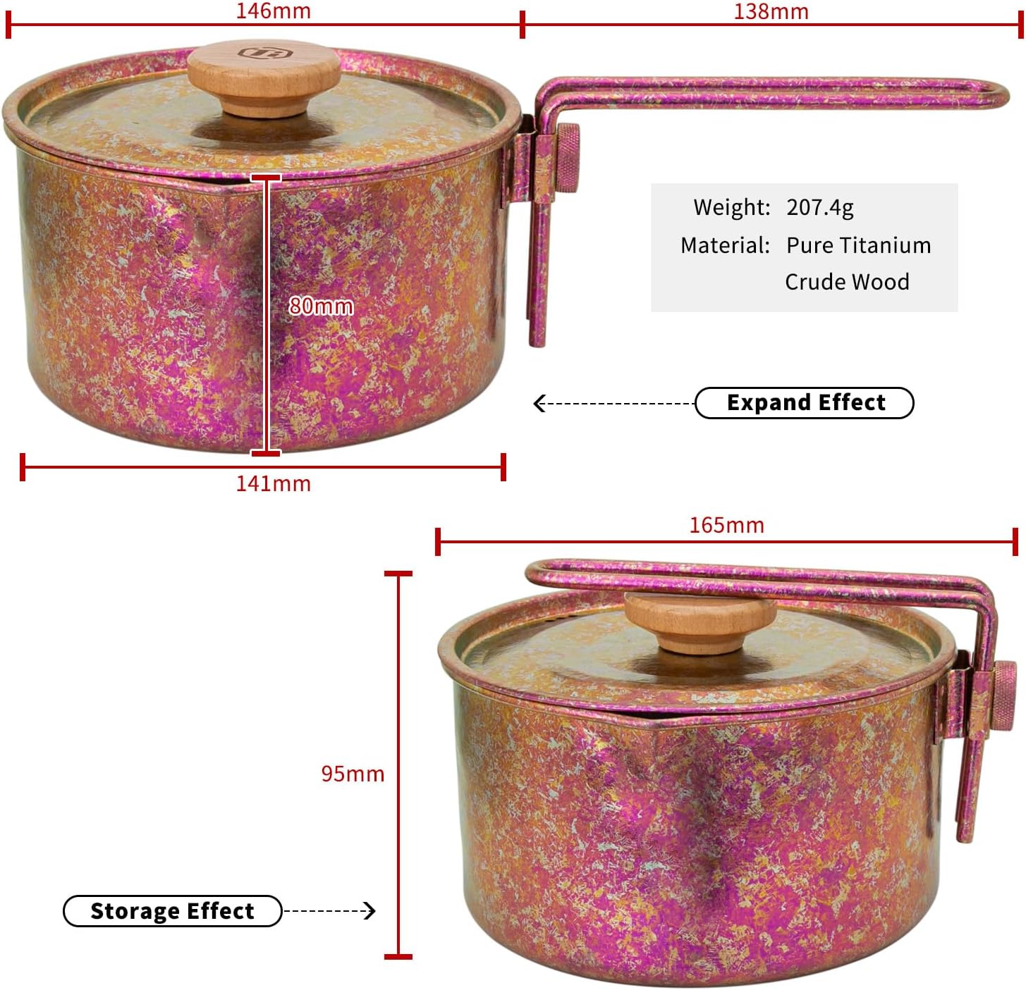 TiTo Titanium Camping Pot Lunch Box with Lid & Folding Handle Ultralight Portable Outdoor Heated Bowl for Hiking Backpacking Picnic Travel Adventure Cookware Bento Box