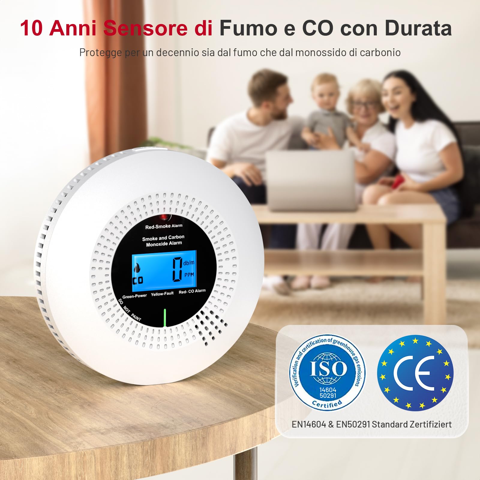 PHYSEN WiFi Rilevatore di Fumo e Monossido di Carbonio, con 10 Anni di Durata e Batteria Sostituibile, Rilevatore Combinato Intelligente Compatibile con l'App Tuya, Conforme EN14604 e EN50291, 1St