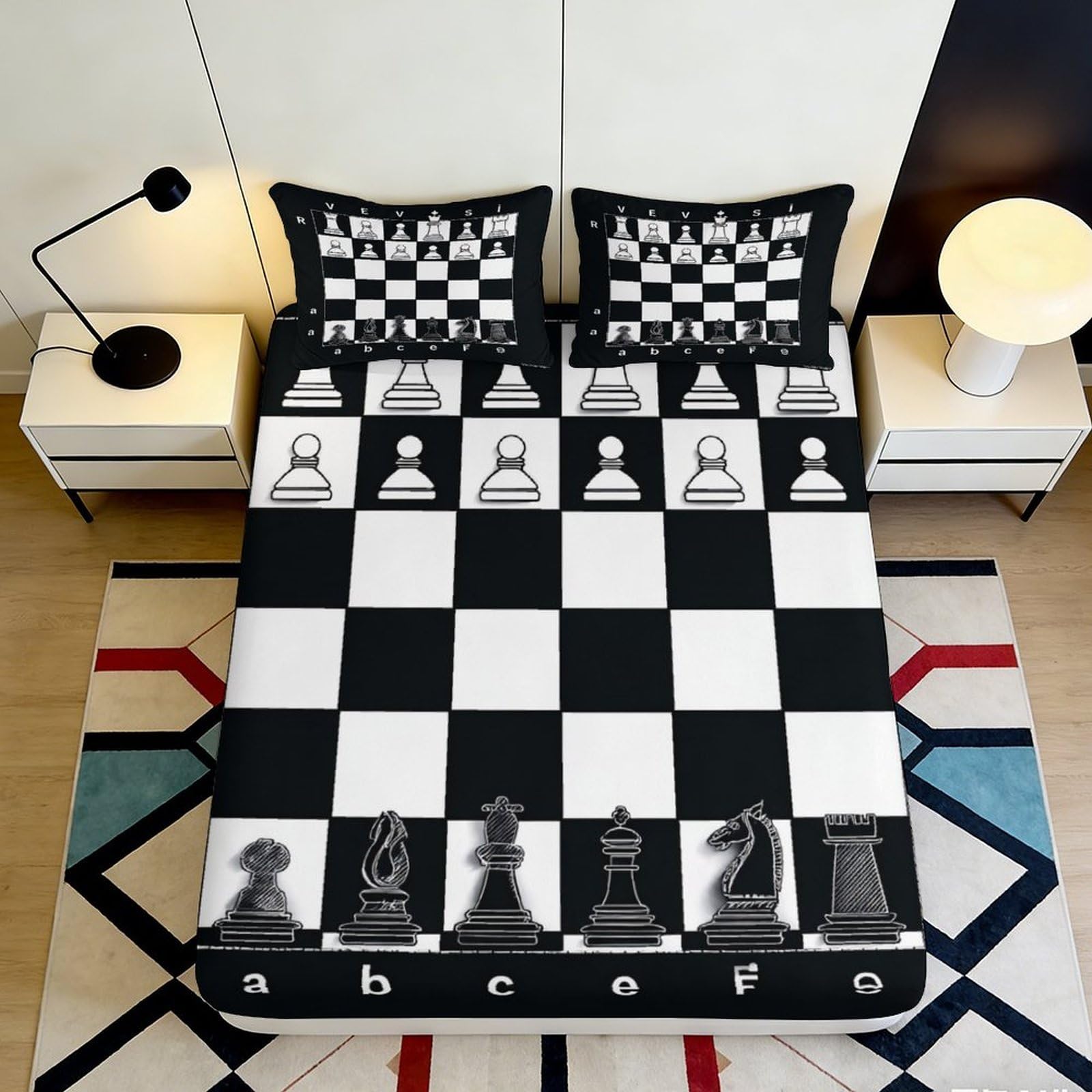 3D Printed Chess Board Fitted Sheet Microfiber Soft Black White Chess Pieces Mattress Cover Bedroom Dorm Decor 90x200x25cm