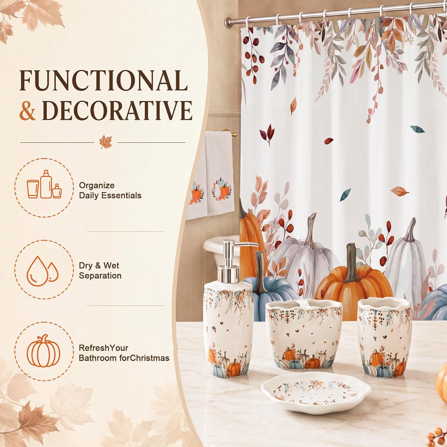 Patelai 7 Pcs Fall Bathroom Set Blue Pumpkin Shower Curtain Accessories