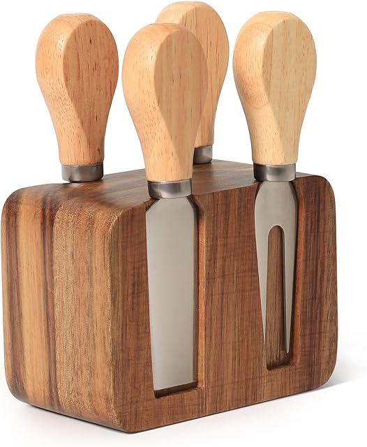 Becko Cheese Knife Block Set with Wooden Handle & Wooden Magnetic Block Stand for Party Picnic