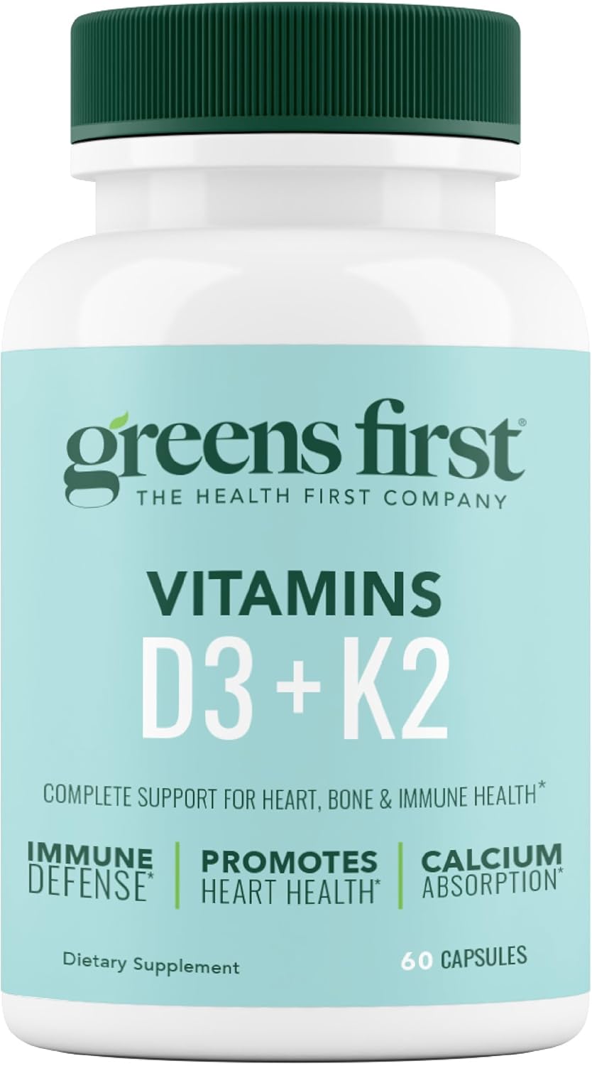 Greens First Vitamins D3+K2 - Support for Heart, Bone, Vascular and Immune Health - Made with Vitamin D3 & Vitamin K2-60 Vegetable Capsules