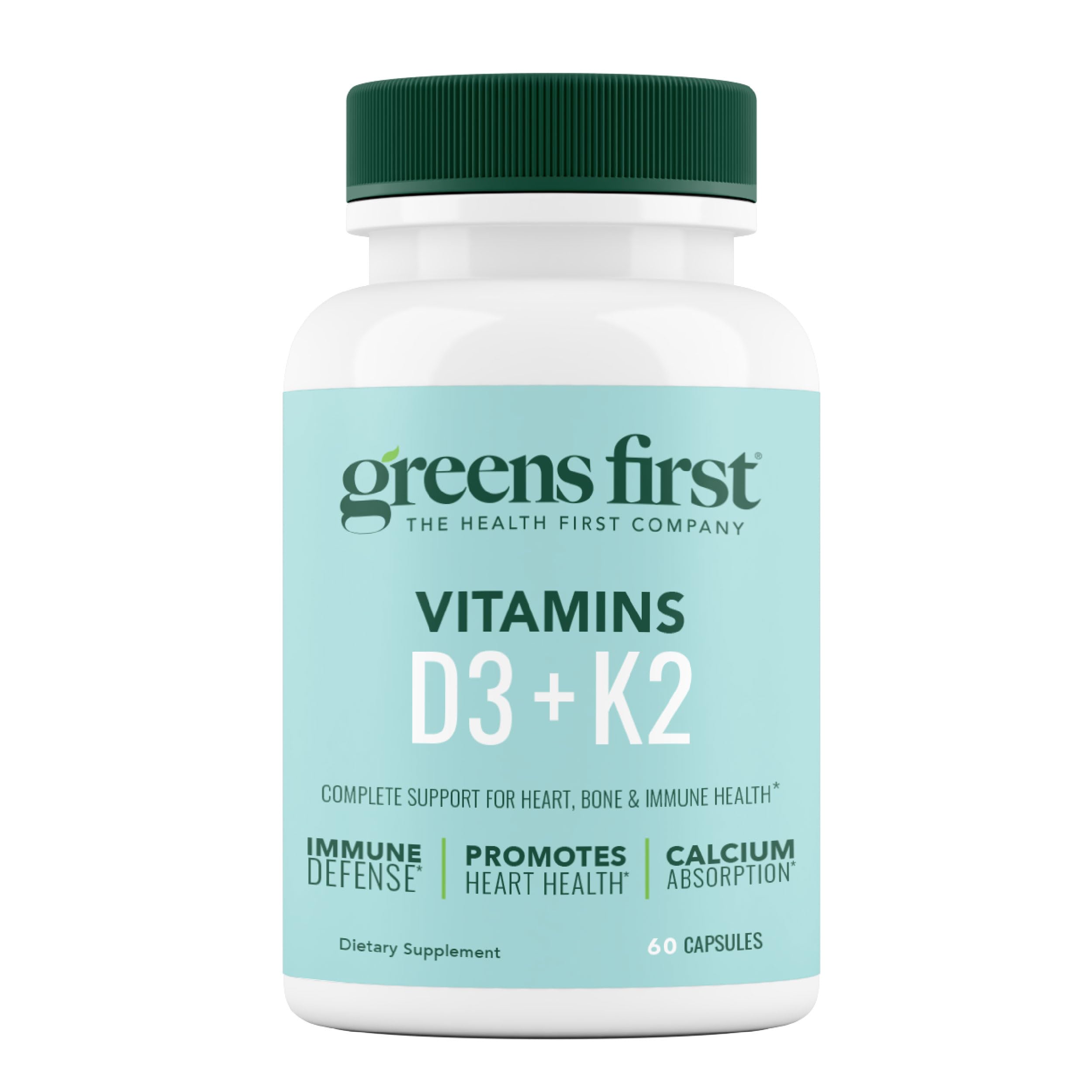 Greens First Vitamins D3+K2 - Support for Heart, Bone, Vascular and Immune Health - Made with Vitamin D3 & Vitamin K2-60 Vegetable Capsules