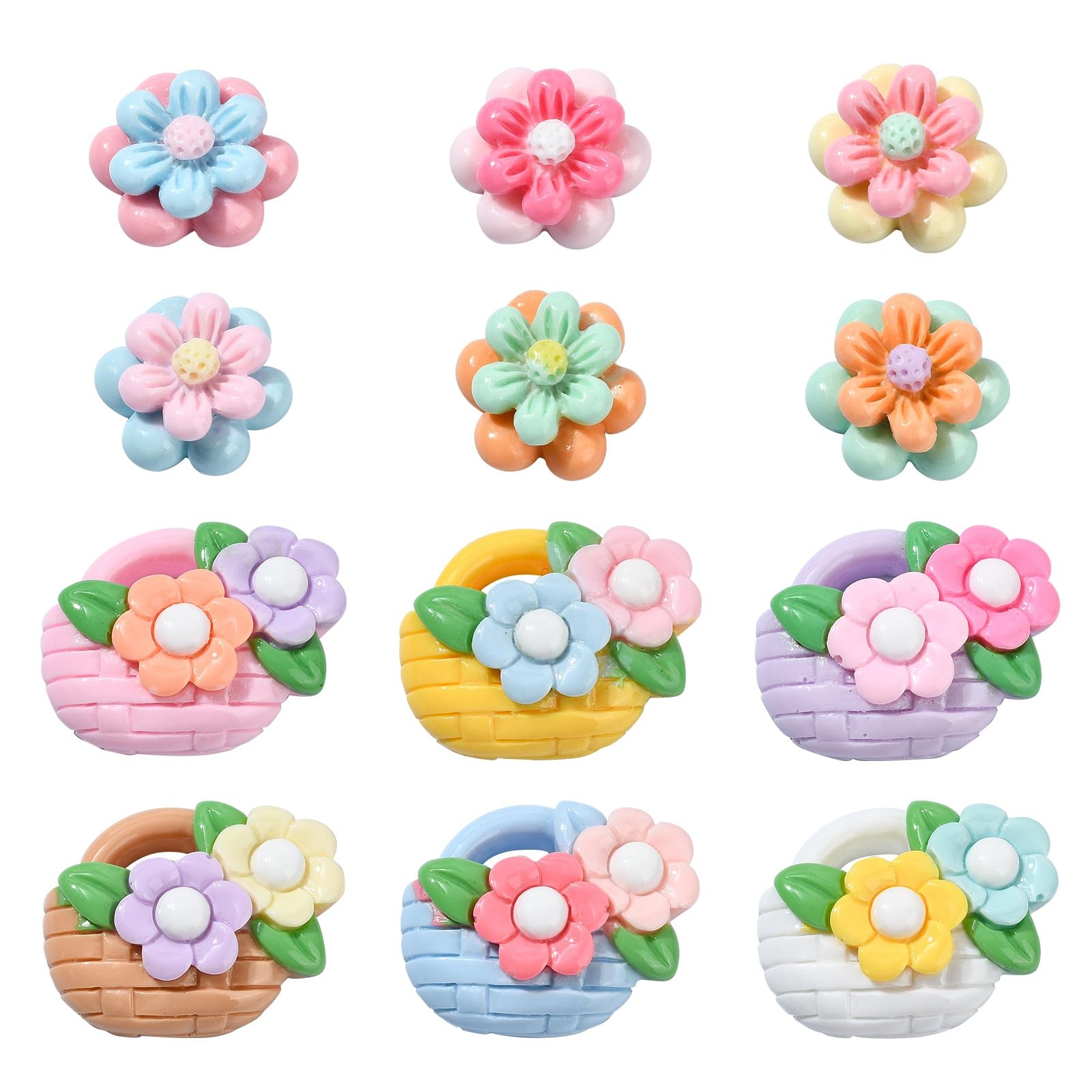 Ipotkitt 20 Pcs Colourful Resin Flower Cabochons Spring Flatback Charms Flower Shape Embellishment Plant Floral Leaf Charms for DIY Hair Rope Jewellery Making