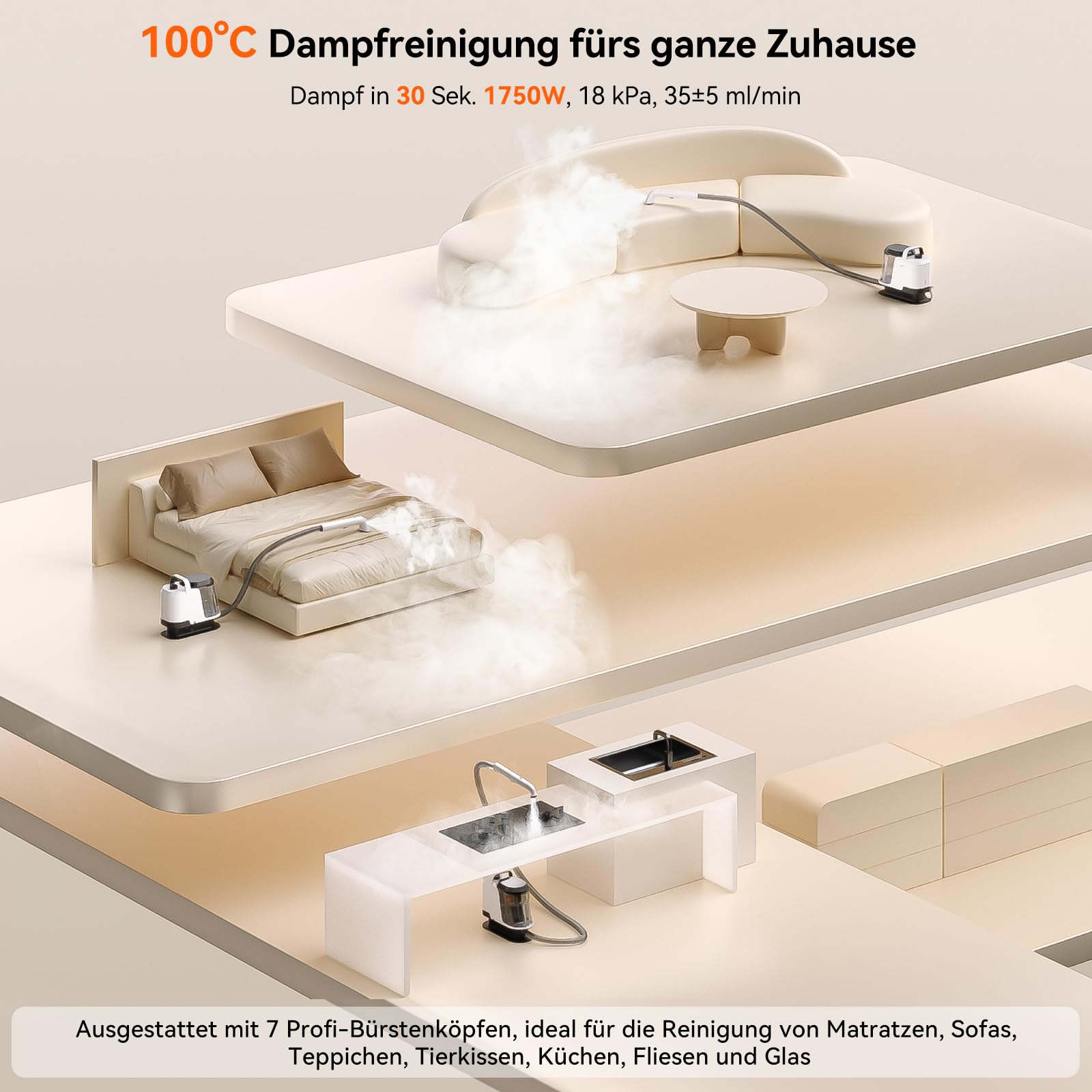 Uwant Y100 Steam Polsterreiniger Gerät, 3-in-1 Nasssauger für Sofa, Teppich und Auto mit 18KPA, 100°C Heißdampf, 65°C Heißwasser, Kaltwasser. Selbstreinigung, Multi-Bürstenkopf & 500ml Teppichreiniger