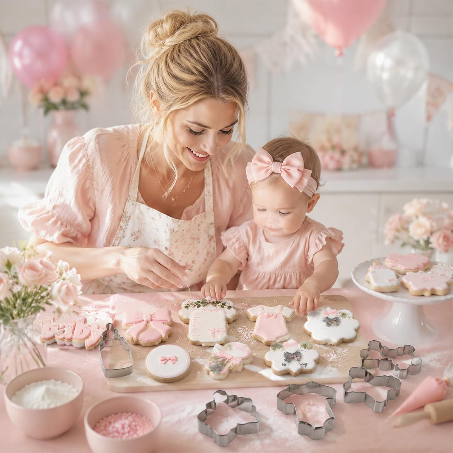 7PCS Mini Wildflower Baby Shower Cookie Cutters Set,Bowknot Stainless Steel Biscuit Cutters,Bouquet,Onesie,Bottle,Fondant Biscuit Cutting Molds for Baby in Bloom Party DIY Craft Home Baking Supplies