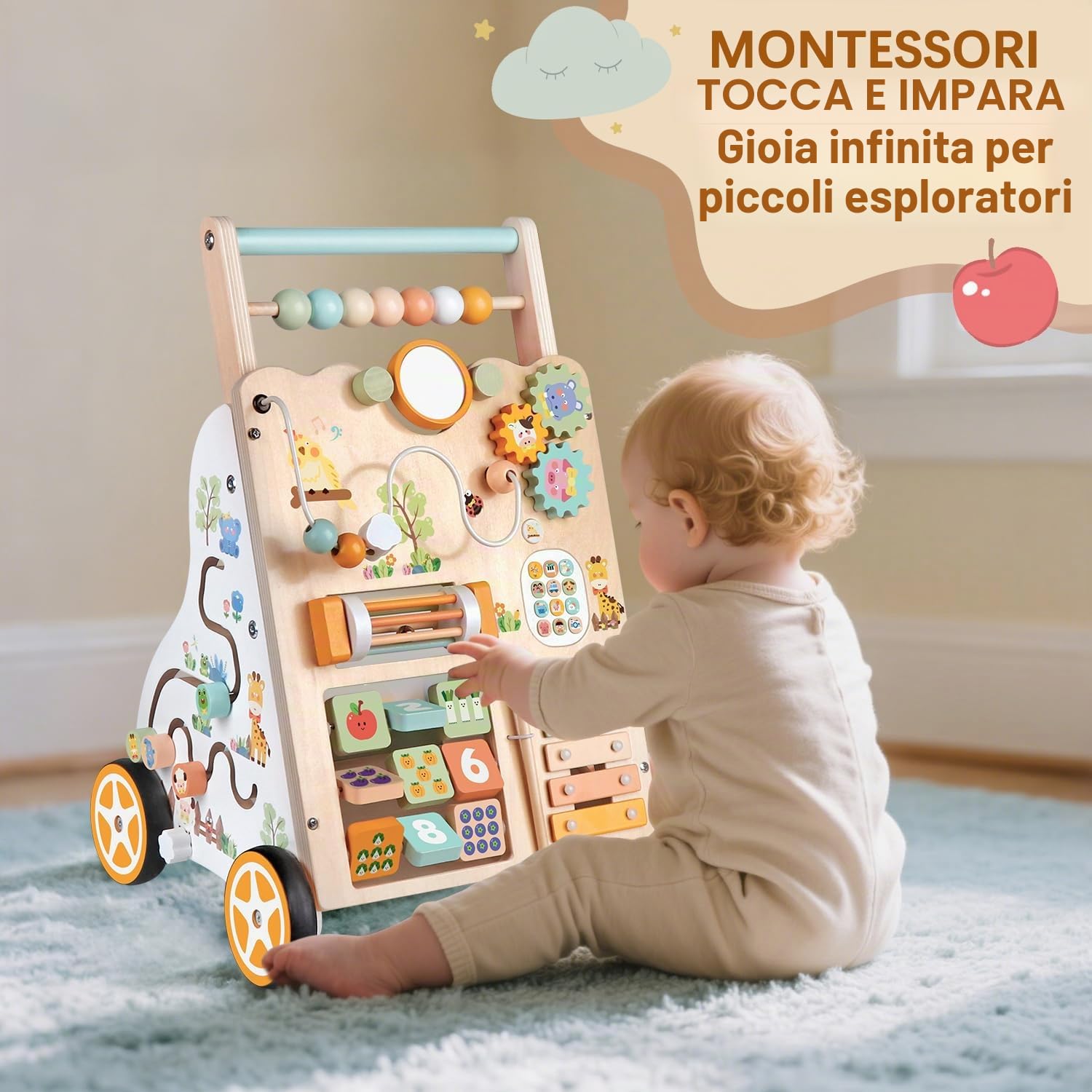 Girello in legno con ruote, centro attività Montessori per bambini, velocità e altezza regolabili, giocattolo educativo per camminare a spinta, regalo per 1+ anni
