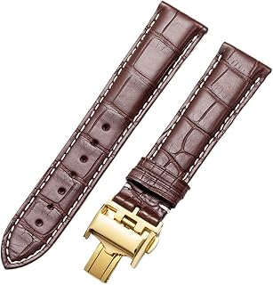 Para Longines Reloj Original Correa de Cuero Genuino Hebilla de Mariposa Masculino y Mujer Correa (Color: Marrón-Hebilla Dorada, Tamaño: 19 mm)