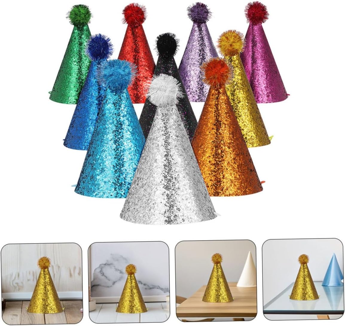 10pcs Glittery Party Cone Hats Reusable Large Birthday Celebration Headwear for Boys Festive Party Supplies and Showers Random Style