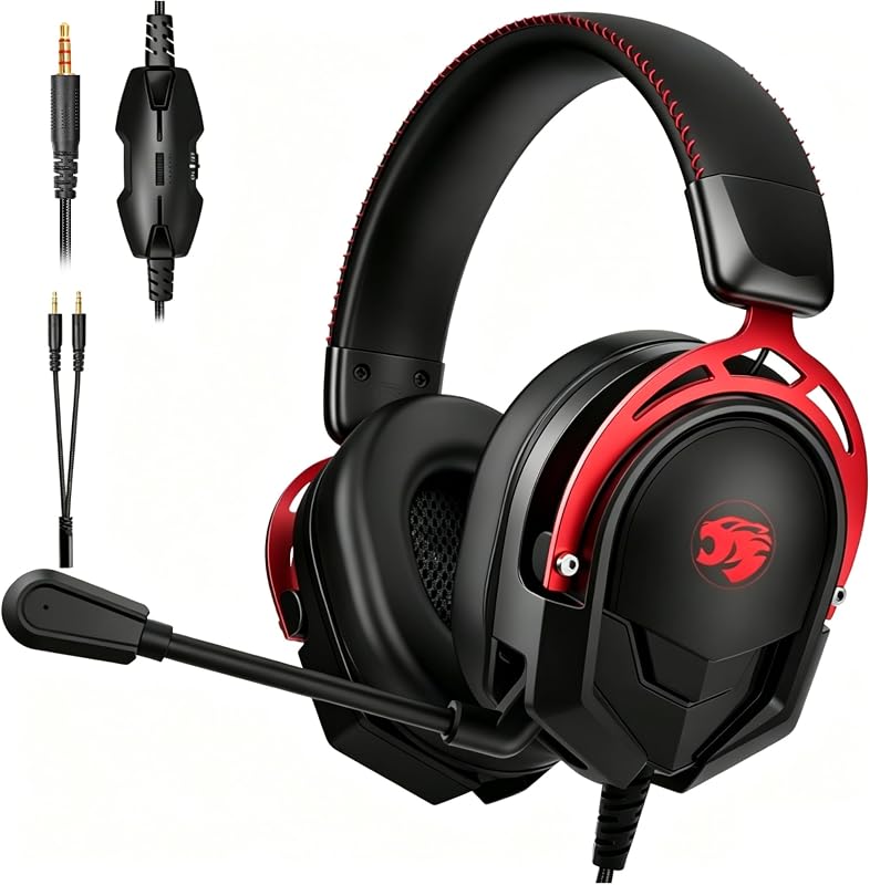 K98 Gaming Headset with Mic, Wired Over Ear Headphones for PC, PS5, PS4, Xbox One, 50mm Stereo Surround Sound, Aluminum Frame, Memory Foam Ear Cushions, Noise Cancelling Mic (Black/Red)