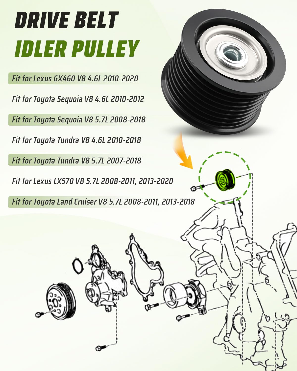 1660338010/1660338011 Drive Belt Idler Pulley Fit for Toyota Tundra, Sequoia, Land Cruiser, Fit for Lexus GX460 LX570 2008-2021 Serpentine Tensioner Pulley Idler Replace 1660338012 36370