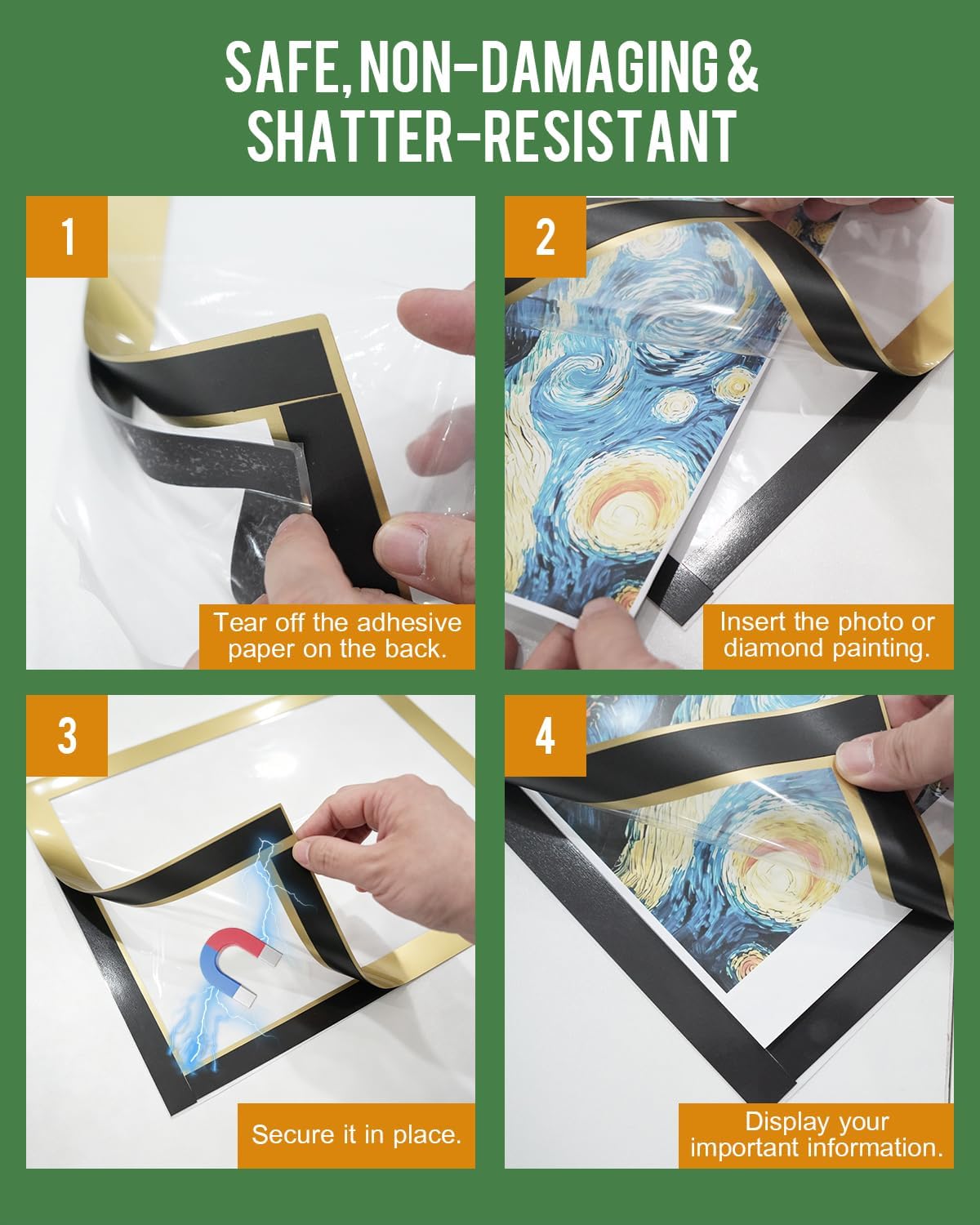8 Pack Diamond Art Frames 12x16 Inch Diamond Frame 30x40 Cm for 10x14 Inch Diamond Paintings, Wall Mirror Window Door Mount, Diamond Frames Magnetic Self Adhesive, for Home Decor (Gold)