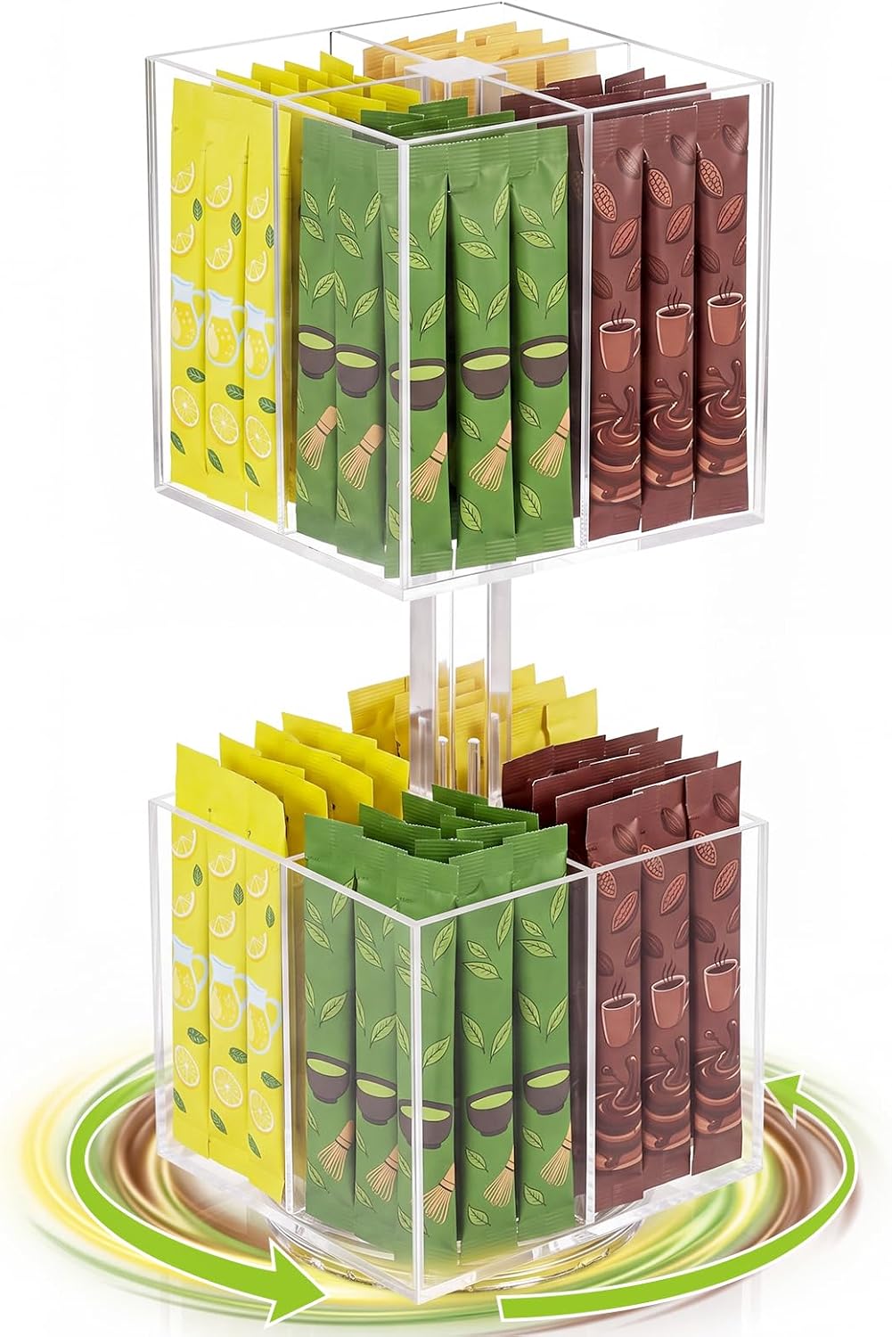 2 Tier 360° Rotating Drink Packet Organizer 8 Section, Lazy Susan