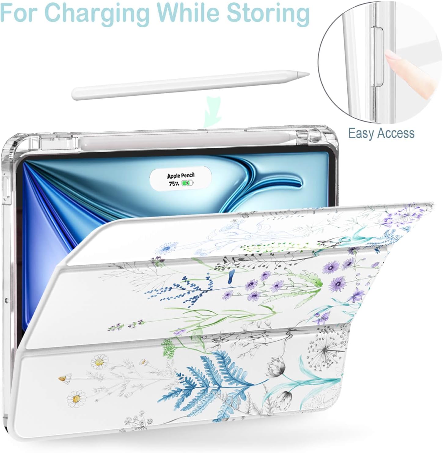 Feams Slim Case for iPad Air 11-inch M4/M3/M2 (2026/2025/2024), iPad Air 5th/4th Generation (2022/2020) 10.9 Inch Case Clear Back with Pencil Holder & Auto Sleep, Elegant Flowers