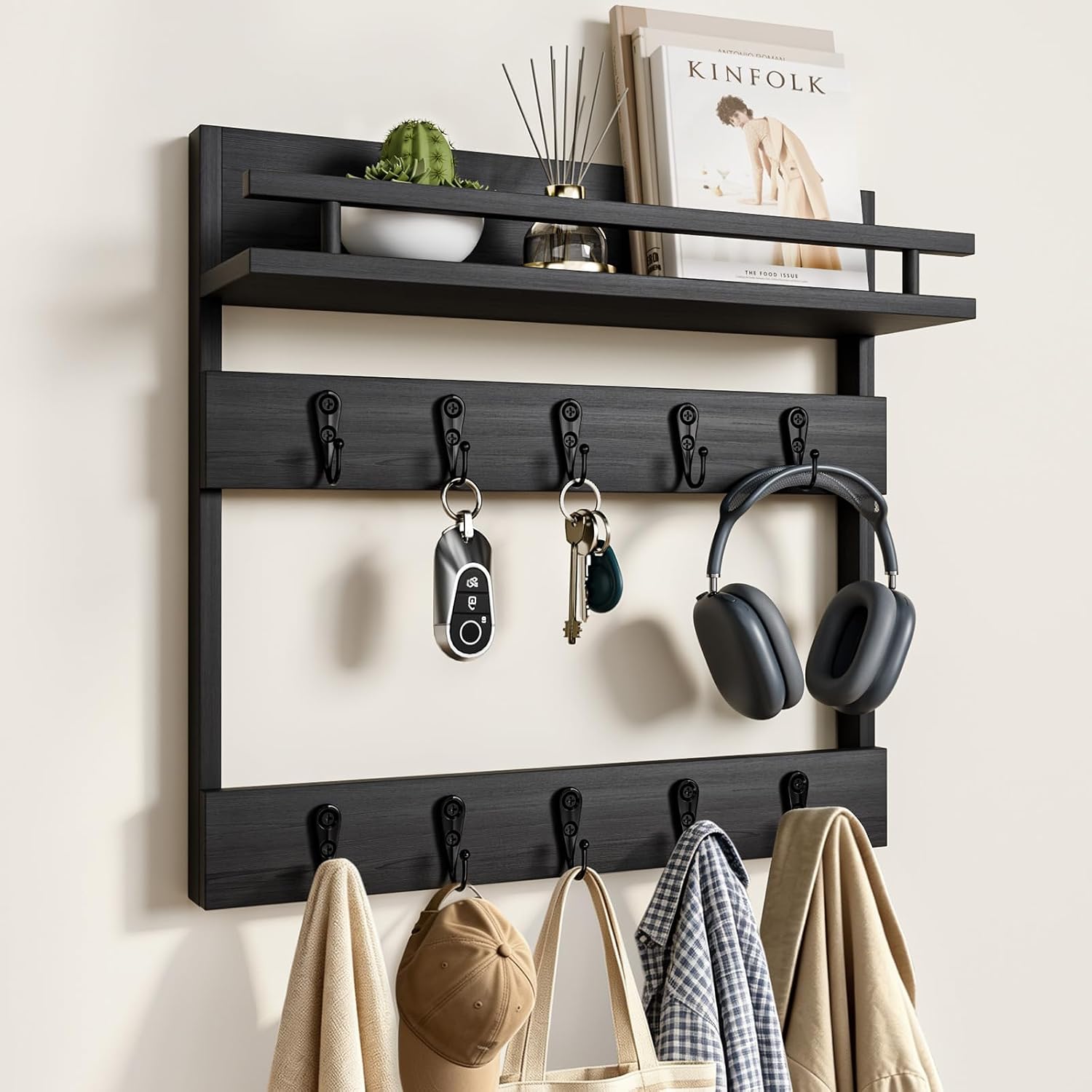 Two-Tier Wall Key Holder with Shelf,Wooden Key Holder Wall Mount | 4 in 1 Coat and Key Hanger with 10 Metal Hooks,Entryway Decor Coat Rack Wall Mount with Mail Holder,Mail Organizer