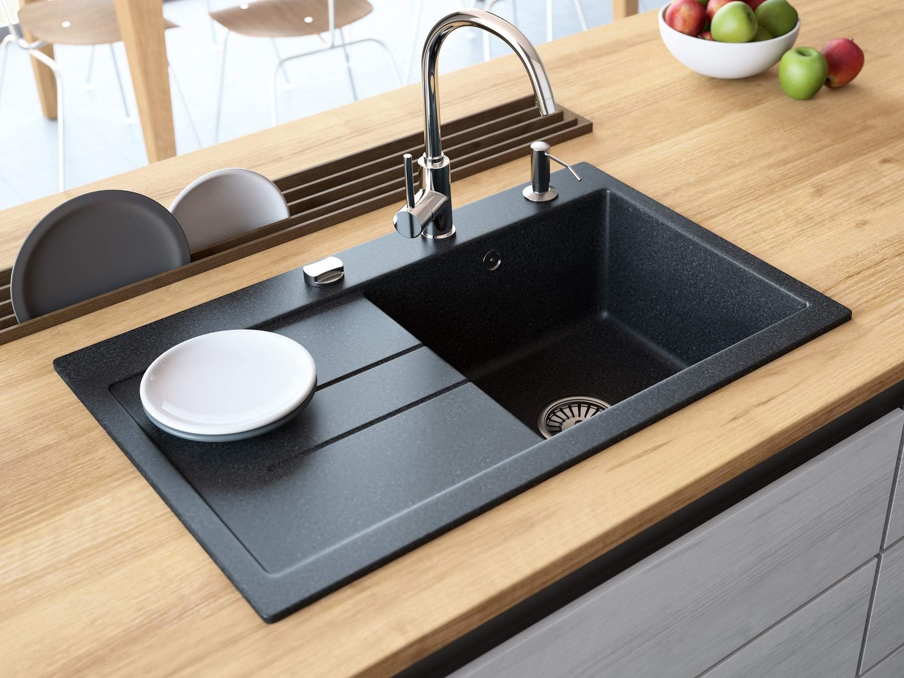 Black Sink Lavello Luxor 100LT 31" Granite Sink Composite Drop In Single Bowl Big Range of Kitchen Sinks (Black Drainboard Postion: Left)