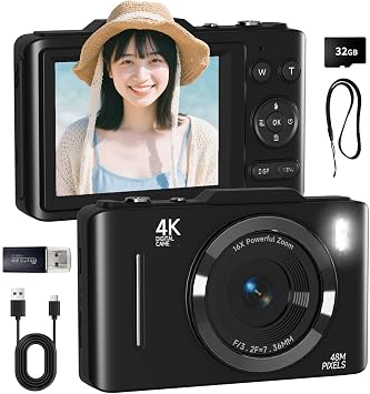 SRVR Digital Camera 4K 48 Megapixel with Memory Card 32 GB, Micro SD Card & Strap, Capture Professional 4K Video and 48MP High Definition Photos, OTG Compatible, Direct Transfer to Smartphone, Reliable Auto Mode for Beginners, Lightweight Body, Perfect for Students and Teens Black