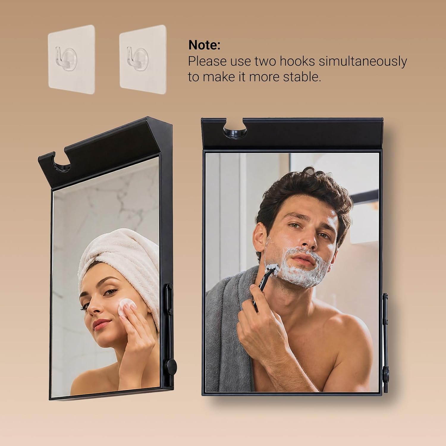 Fogless Shower Mirror for Shaving, HD Real Glass Anti-Fog Bathroom Mirror with Smart Drainage Plug & Razor Holder, Dual Wall Hooks Shaving Mirror for Men, 10"x6.7", Black