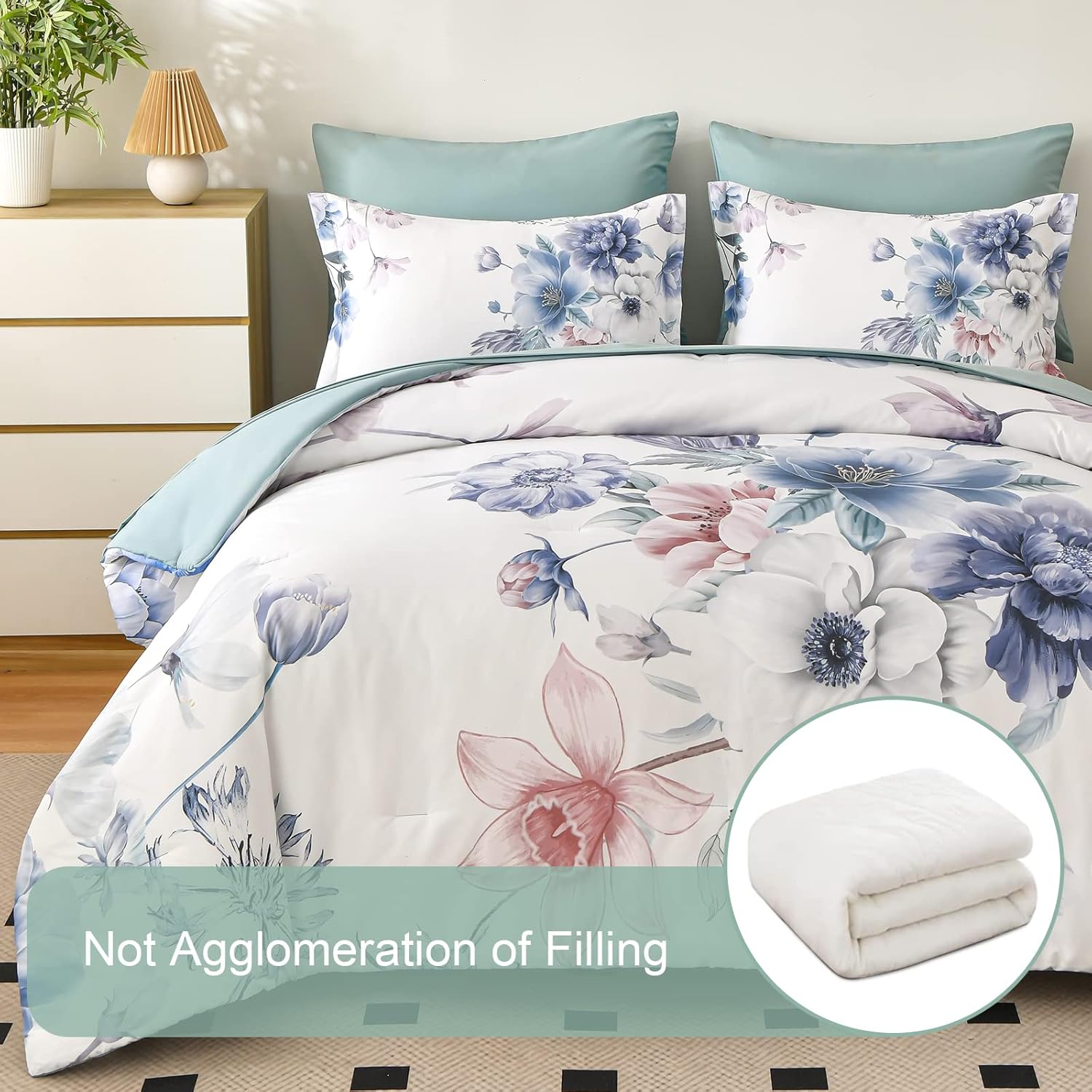7 Piece Bed in a Bag Queen Floral Comforter Set Botanical Flower Printed on Light Blue Bedding Set, Soft Lightweight Comforter with Sheet Set for All Season (Light Blue, Queen)