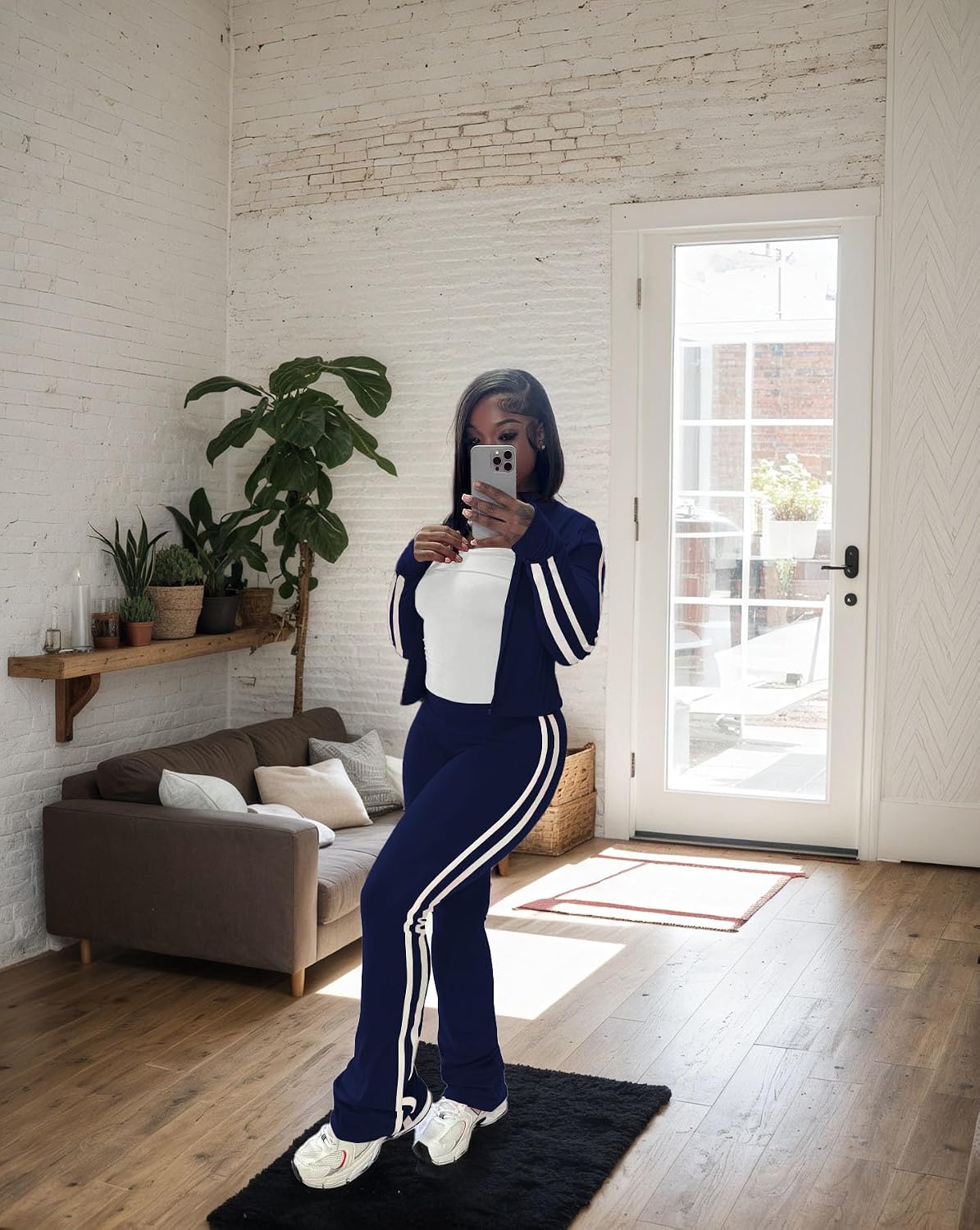 HBQ Women's 2 Piece Sweatsuit Zip Up Crop Top Flare Pants Striped Tracksuit | Long Sleeve Outfits,Casual Jogger Loungewear Set,Cute Matching Set,Soft,Comfortable,Functional Pockets,Thumb Hole Design