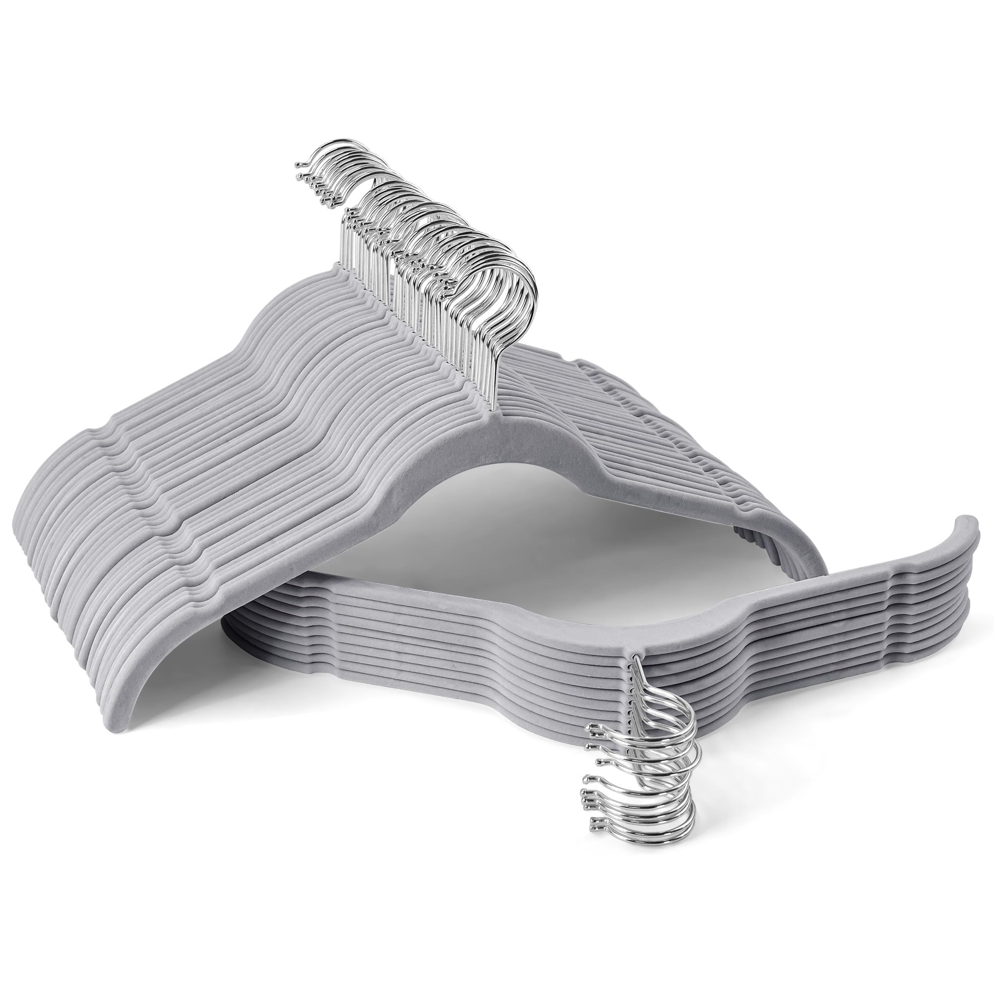 Sishynio Premium Velvet Shirt Hangers 50 Pack, Space-Saving Non-Slip Felt Hanger with 360° Swivel Hook, Slim Flocked Hangers for Strappy Dresses,