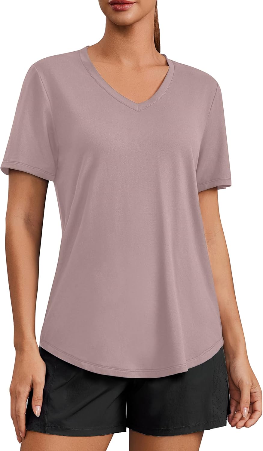 PINSPARK Soft Workout Tops for Women Short Sleeve V Neck Moisture Wicking UPF 50+ Sun Protection Quick Dry Gym Shirts