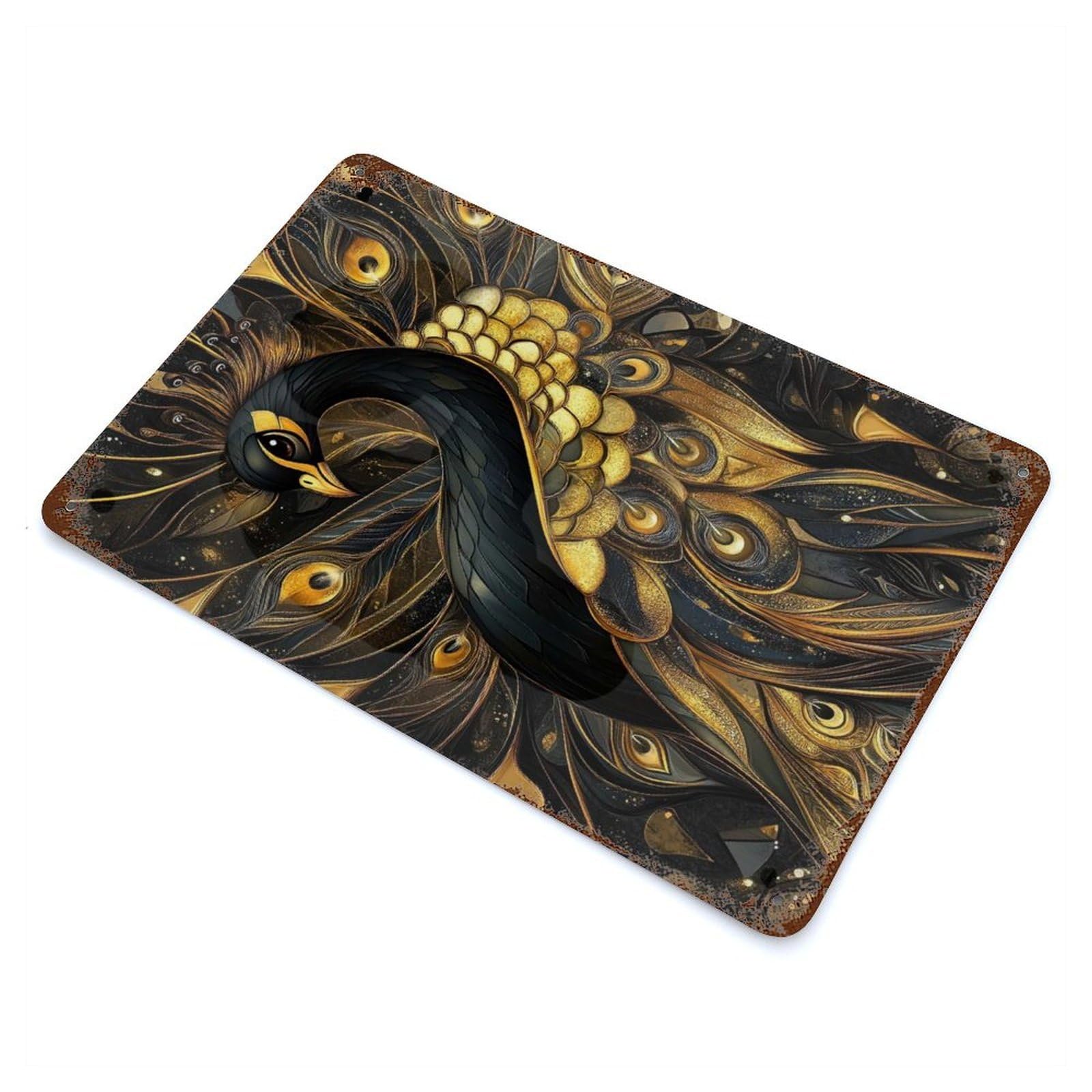 Rust Effect Kintsugi Peacock Aged Metal Wall Plaque 11.8"x7.9", Rustic Home Decor for Bistro, Counter And Cafe Decor