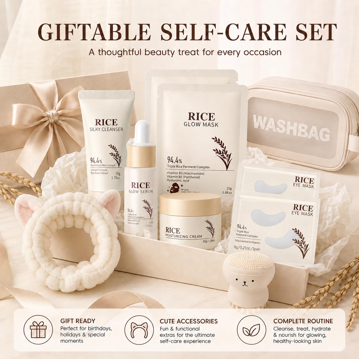 10PCS Rice Skincare Sets, Korean Skin Care Kit, Face Care Set for Women - Rice Face Wash, Serum, Cream, Mask & Eye Mask for Women Teens, Travel Gift with Bag