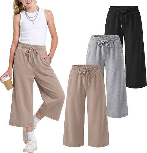 LessonZoo 3 Pack Girls Capris Wide Leg Cropped Pants with Pockets, Kids Summer D