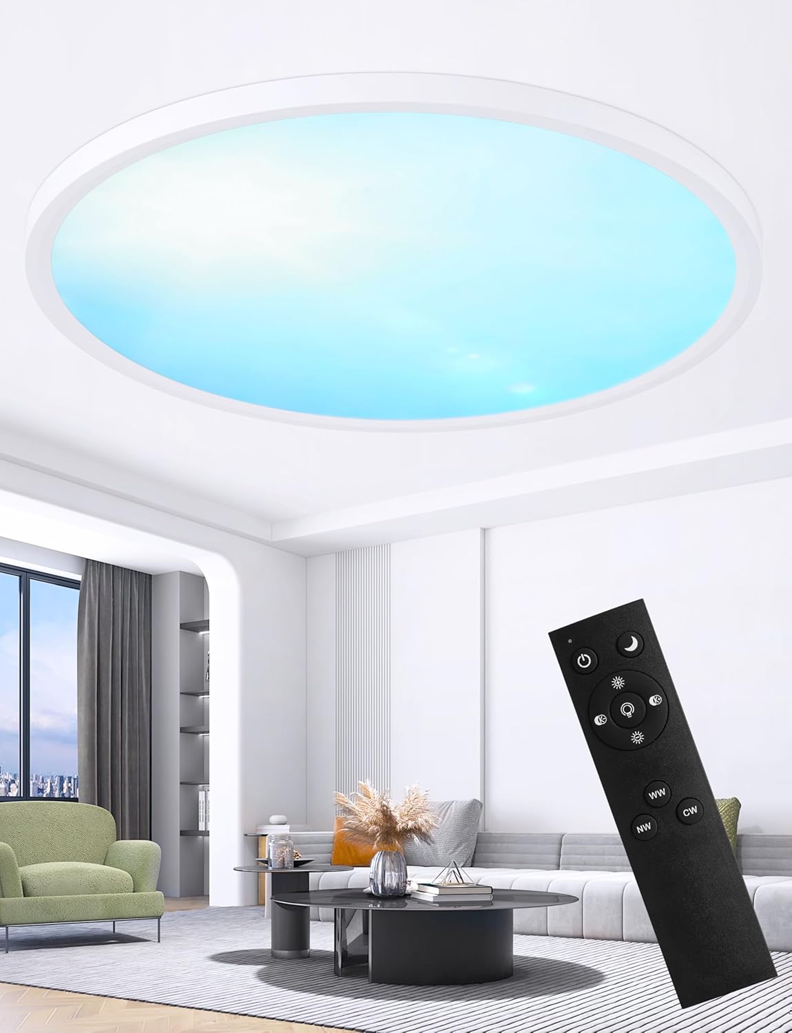 24 Inch Flush Mount Ceiling Light with Blue Sky Cover, Dimmable Ceiling Lamp with Remote, 54W LED Lighting Fixtures Sunlight Effect, Modern Slim Design for Classroom Bedroom Living Room, Round White
