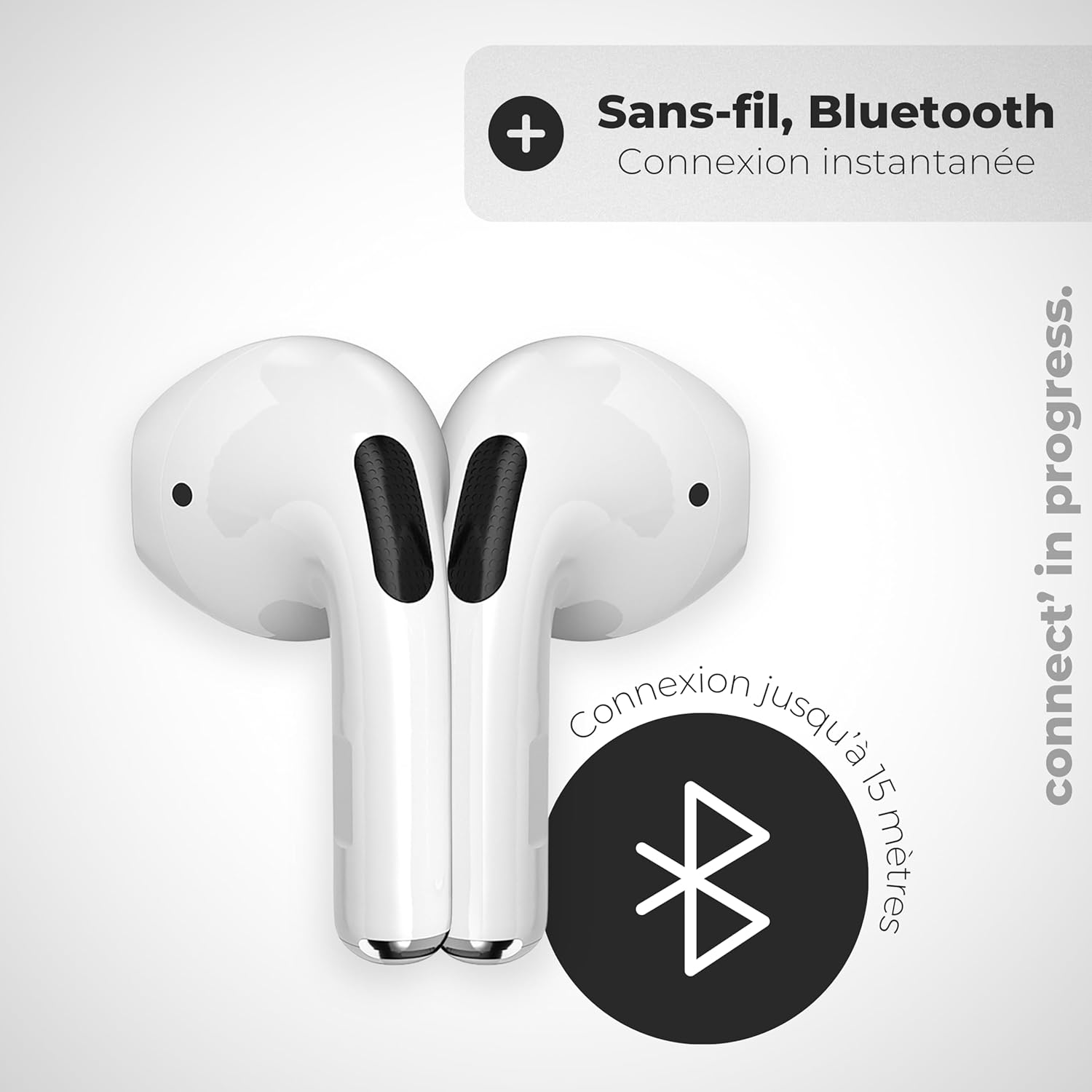 Two APM earbuds showing Bluetooth connectivity range of 15 meters
