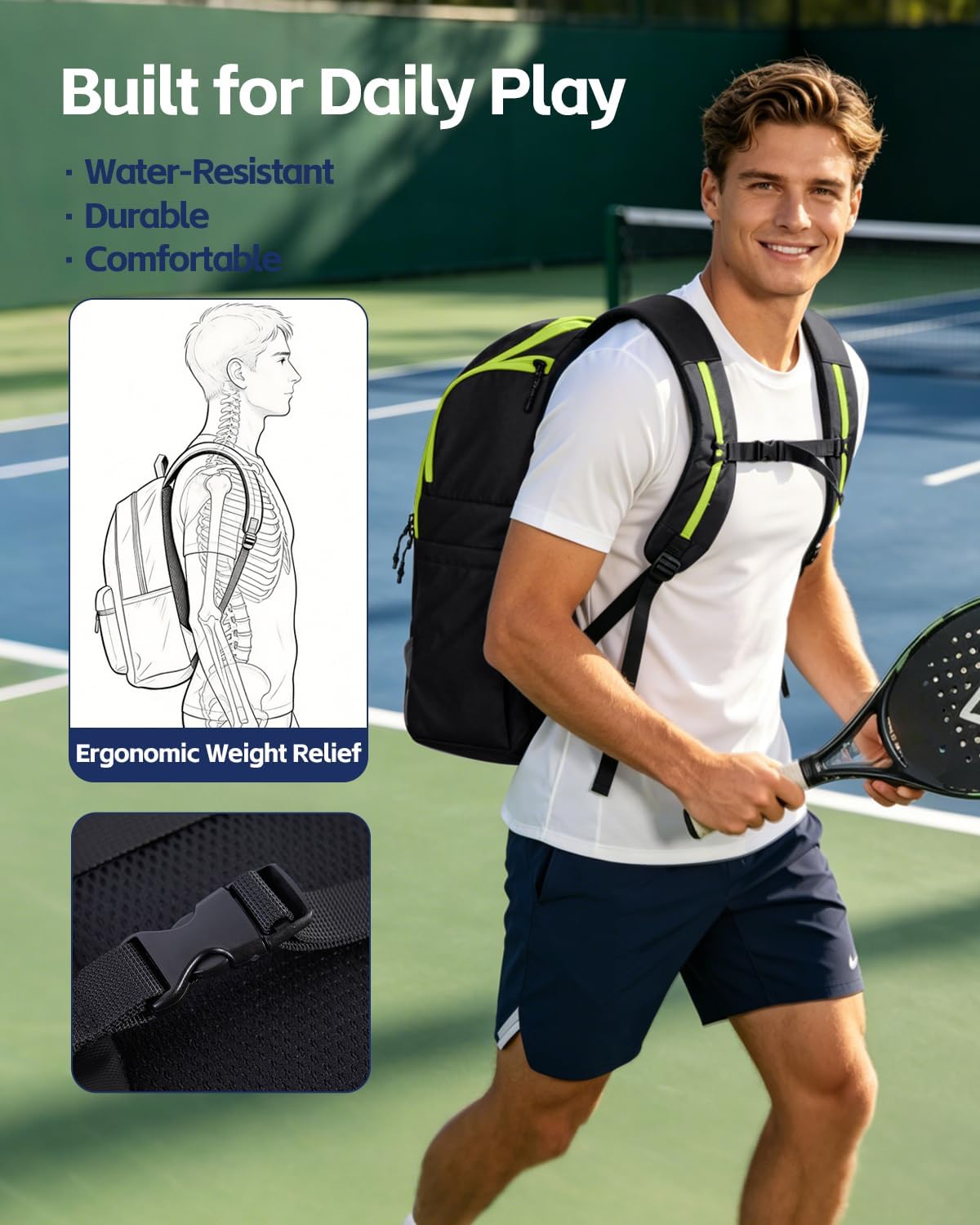 Pickleball Bag for Men Women, Pickleball Backpack with Detachable Paddle Sleeve, Large Capacity Sports Bag with Shoe Compartment, Travel Gym Backpack Fits 15.6" Laptop