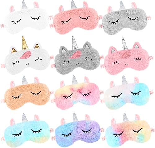 Newcotte 12 máscaras de unicornio para dormir, con diseño de unicornio y arcoíris, de felpa, suaves para dormir, a granel, máscara divertida para