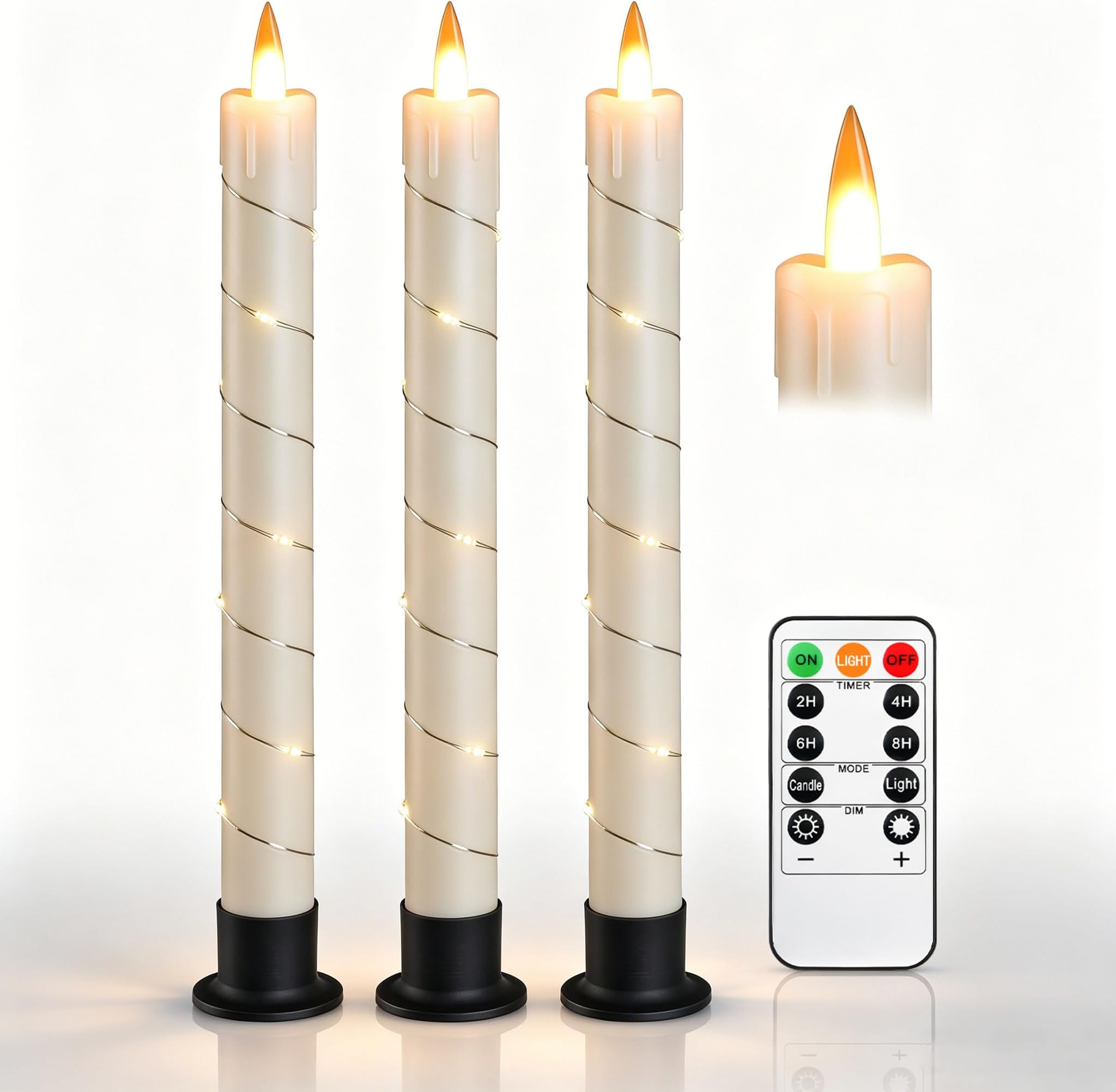 3 Pack Ivory Dripping Wax Flameless Candles, Realistic Dynamic Flame LED Taper Candles with Surrounding Fairy String Lights, Remote Control Battery Operated Candles for Home Wedding Holiday Decor