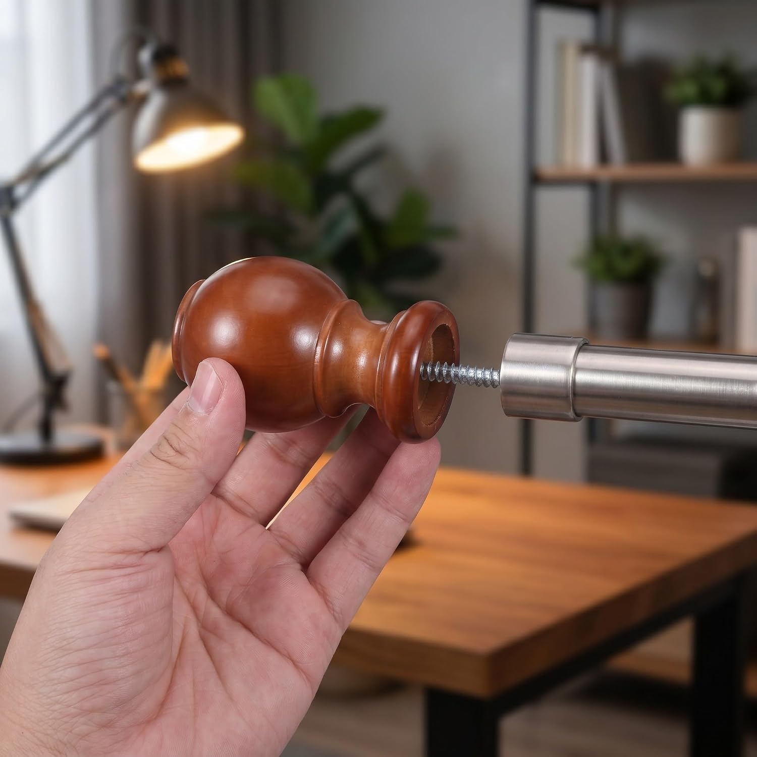 2pcs Wooden Curtain Rod Finials Replacement End Caps with Screw on Design, Classic Chestnut Sphere Shape for Easy Installation, Decorative Window Treatment for Office and Hotel