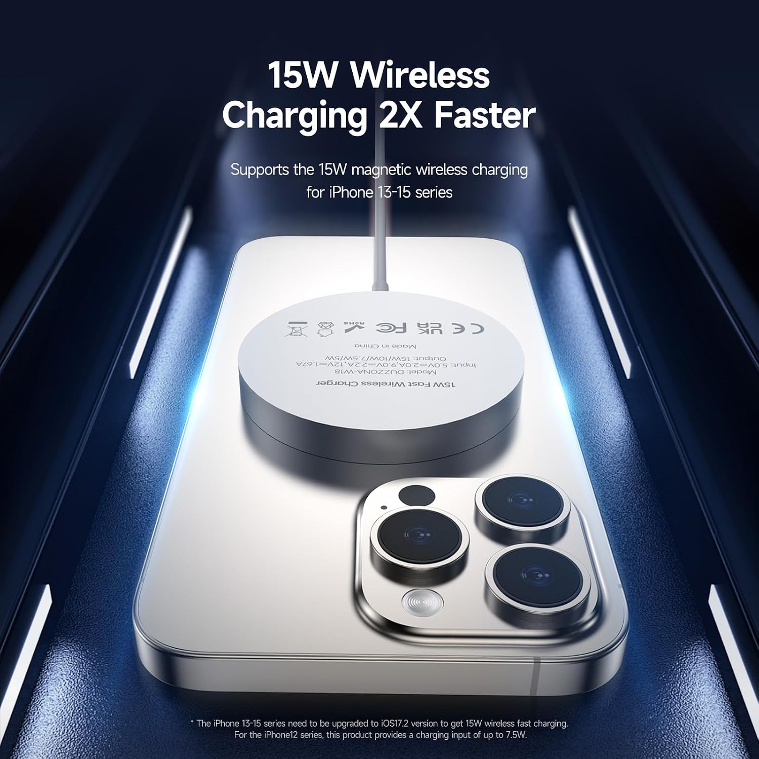 DUZZONA Qi2 Magnetic Wireless Charger with iPhone showing 15W fast charging