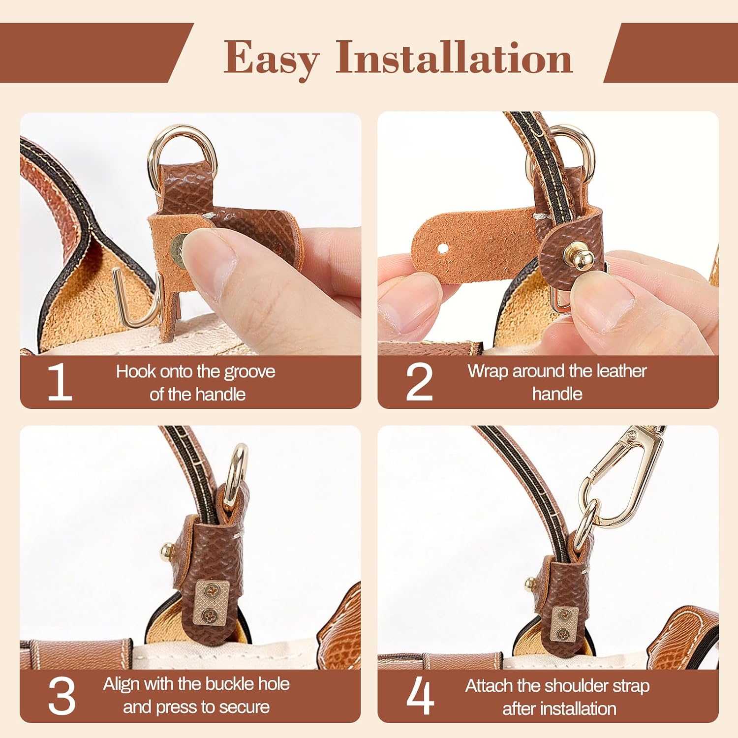 MoKo 2Sets Leather Mini Bag Shoulder Strap for Longchamp, Felt Purse Insert Organizer Mini Bag Replacement, Adjustable Punch-Free Buckle Strap, Brown