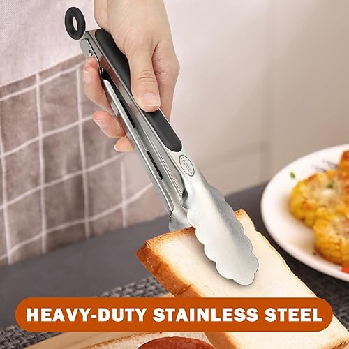 Miniatura 4 de TACGEA Pinzas de cocina de acero inoxidable, agarre antideslizante de silicona, pinzas de bloqueo para alimentos a la parrilla, juego de 2, 9