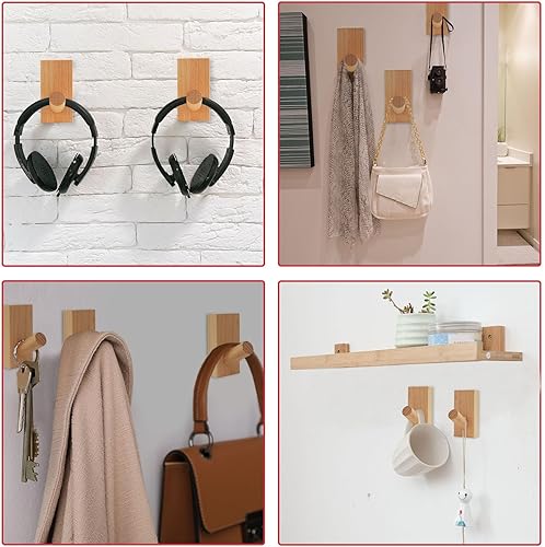 Miniatura 6 de DINGEE Ganchos de pared para colgar, paquete de 6 ganchos de madera resistentes para colgar en la pared, ganchos adhesivos de pared para sombrero,