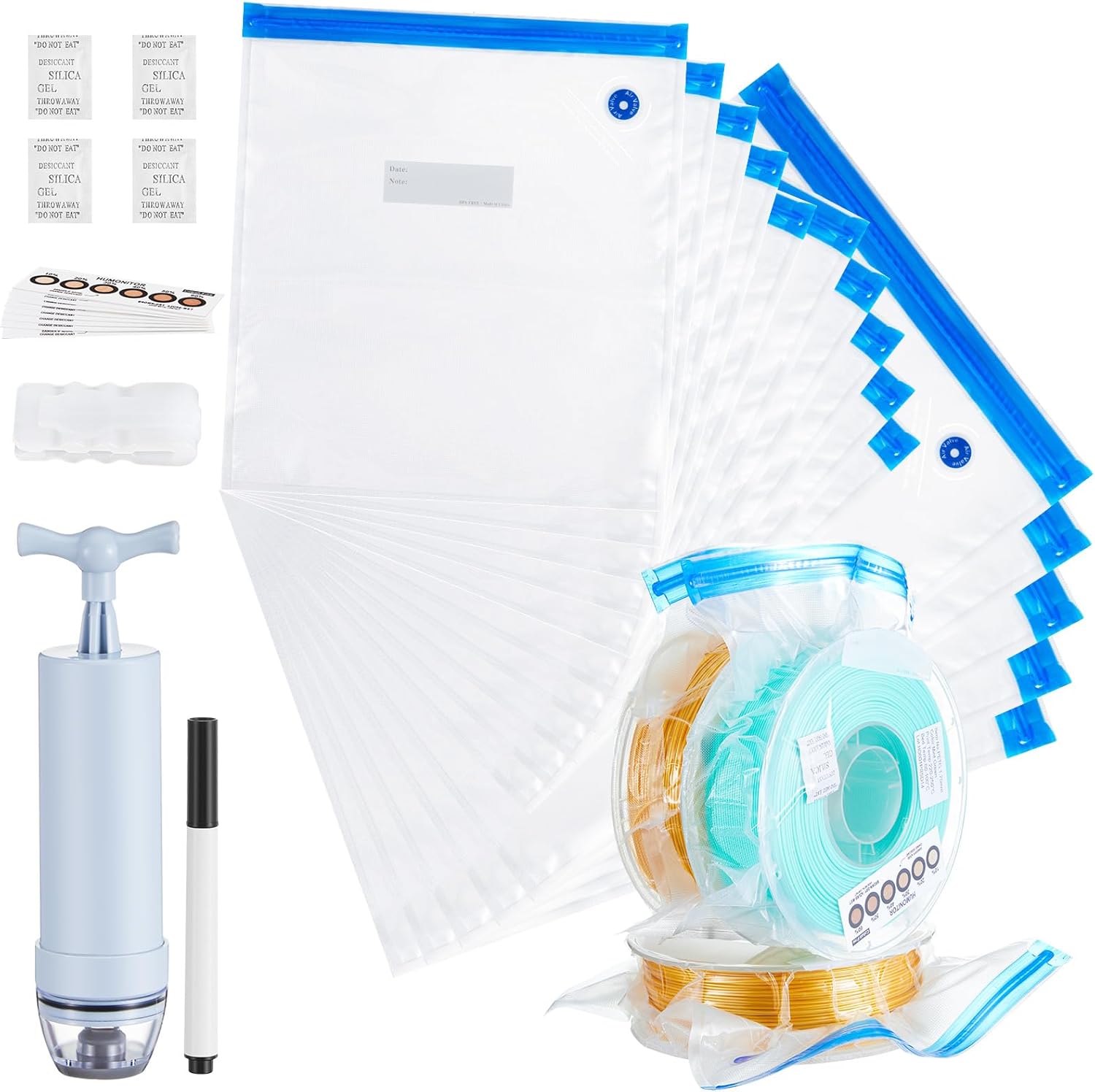 91 Pcs X-Large 3D Filament Storage Bags Vacuum Sealed Kit with Air Pump, Desiccants Humidity Indicator Cards, Dust Proof, Humidity Resistant for Keeping Filament Dry(11.8x13.4, 12.6x17.7, 12.8x14.8in)
