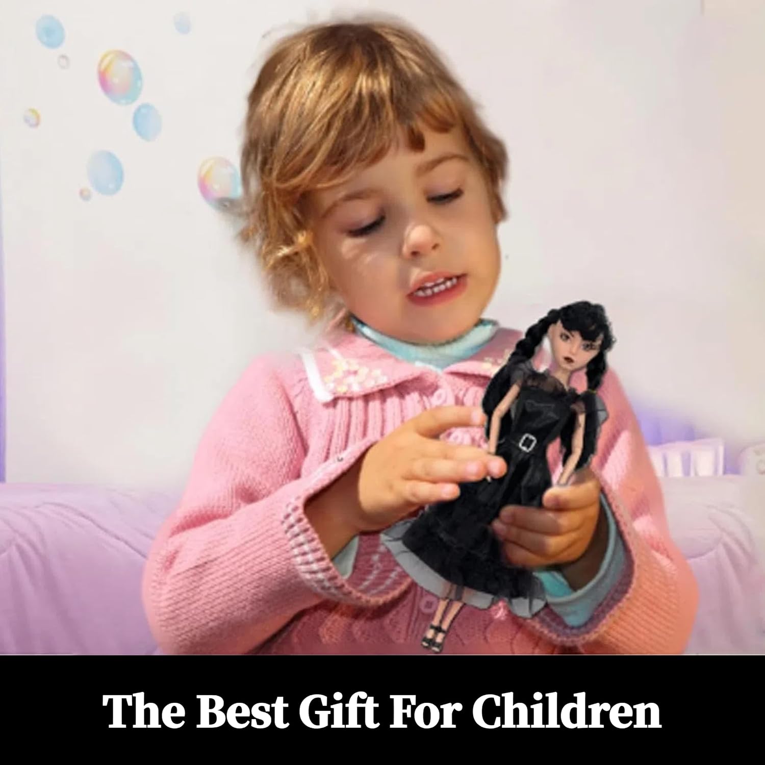Addams Dolls for Girls, Addams Doll Black Dress, Ideal Halloween Christmas Birthday Gifts for Kids (2 pcs with Accessories)