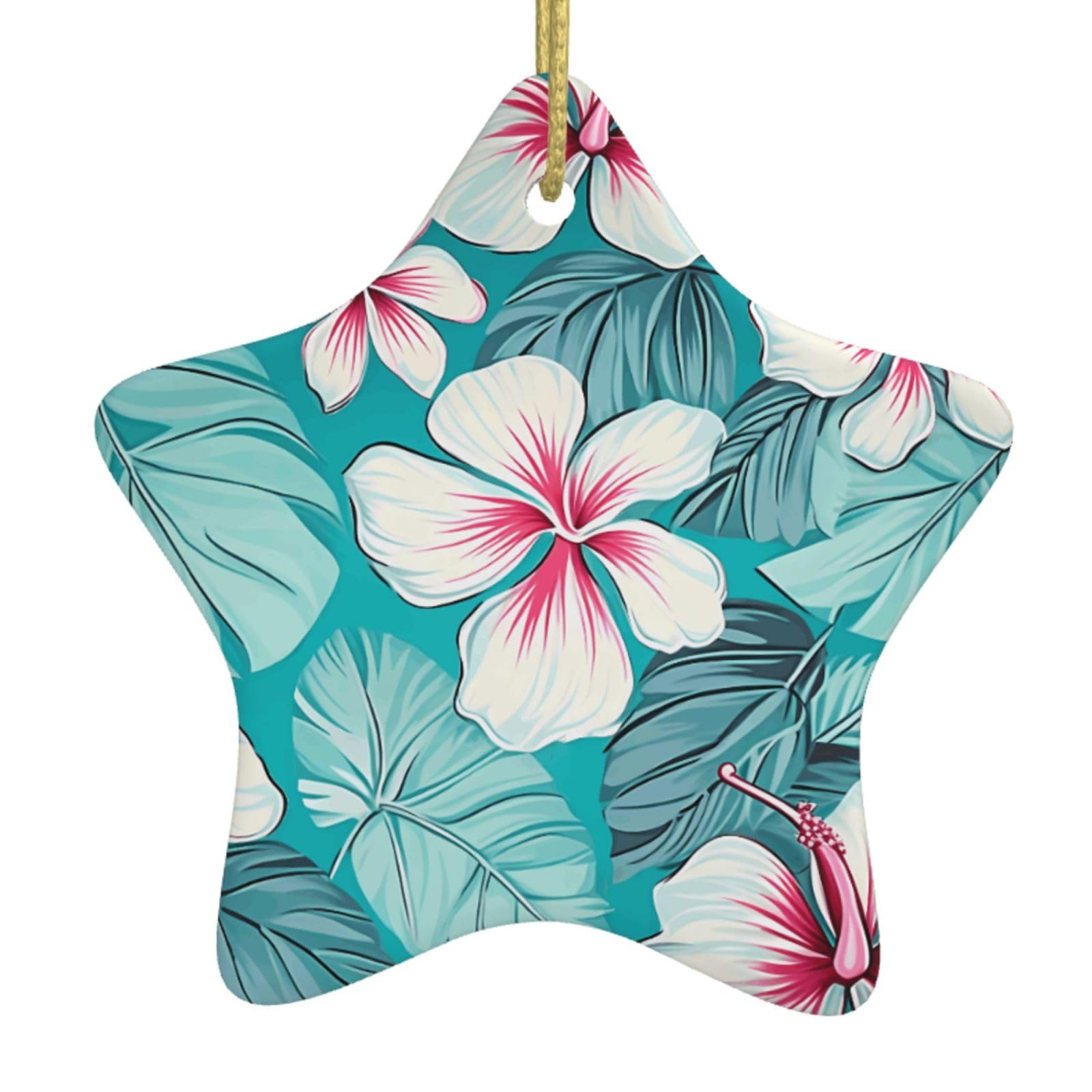 Ceramic Christmas Tree Hanging Ornaments with Gold Ropes Christmas Tree Decorations Star Ceramic Tropical Hibiscus Flowers Pendant Keepsake Decorations for Holiday Xmas Gift Ideas