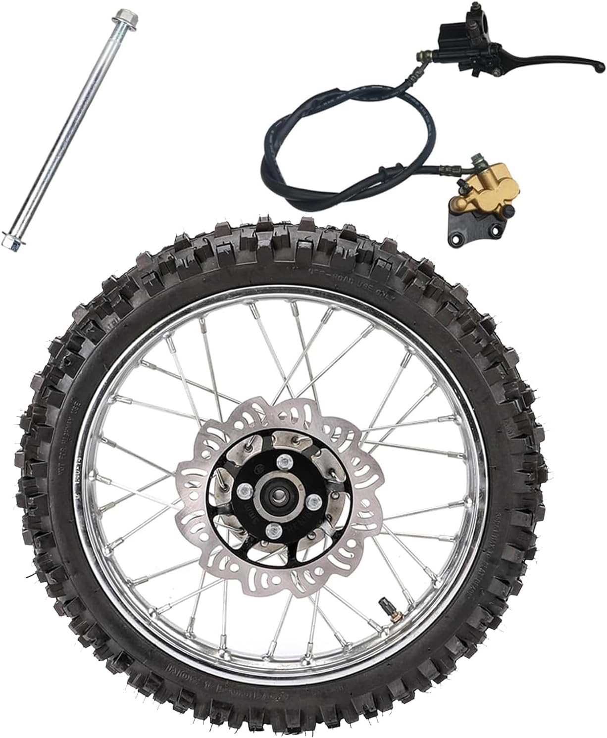 60/100-14 Dirt Pit Bike 14inch Front Wheel with Tire, Tube,Rim, 12mm Bearing Axle, Brake Caliper & Disc Rotor, Compatible with SSR Apollo CRF50 CRF70 110cc-140cc Offroad Trail Pit Motorcycle