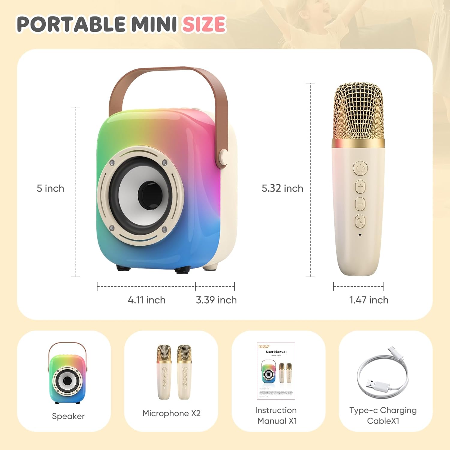 MOYU Mini Karaoke Machine for Kids: Portable Bluetooth Speaker Set with Two Wireless Microphones & Flowing Light Gifts for Girls Boys Toddler Adults Home Party - Image 6
