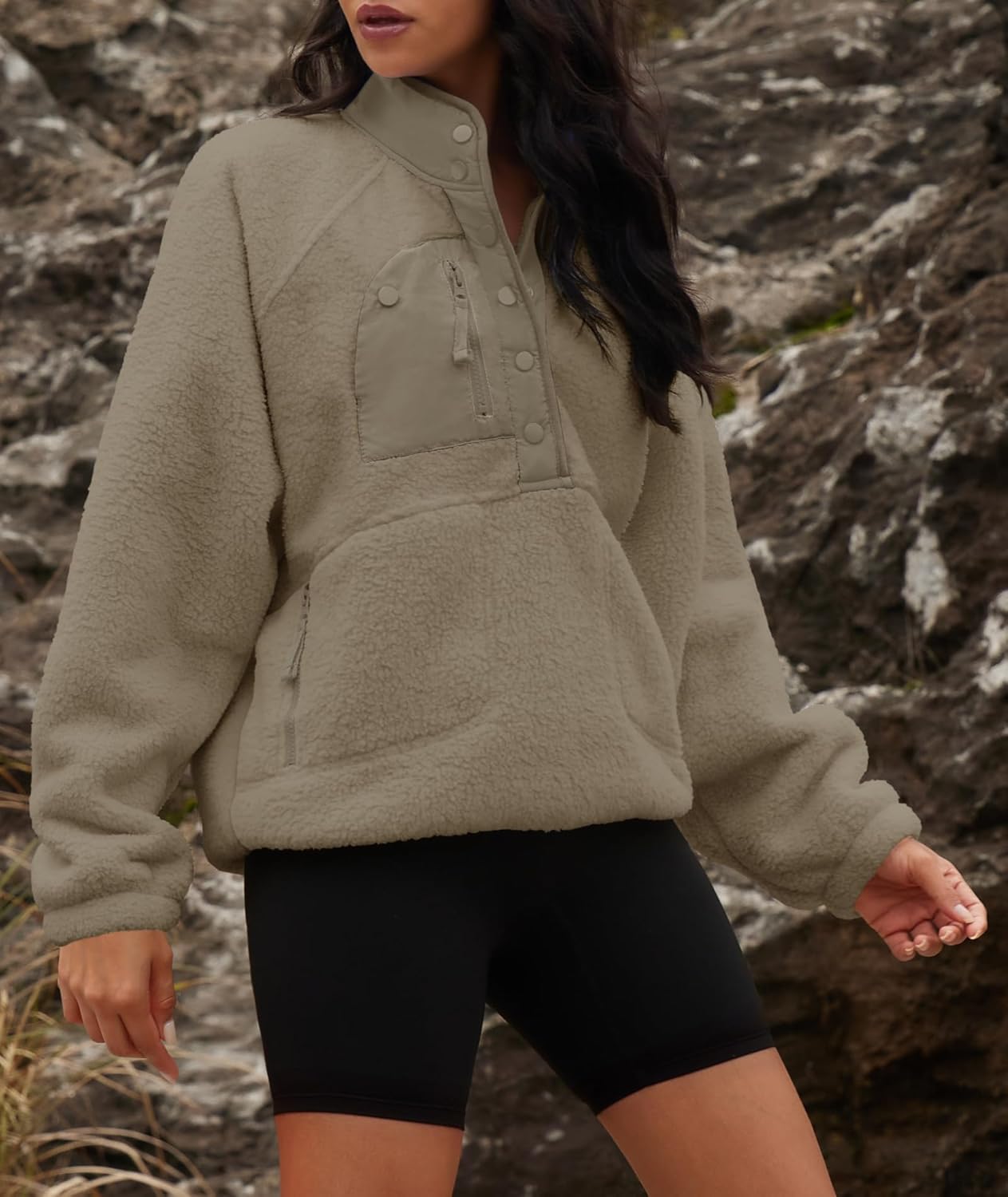 Yanekop Womens Fuzzy Fleece Pullover Sherpa Sweatshirt Long Sleeve Button Down Sweater Winter Fleece Jacket with Pockets - Image 4