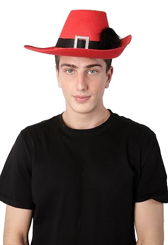 Carnavalife Sombrero de Mosquetero para Adulto, Sombrero de Pirata Rojo de Vaquero con Cintas Negro y Plumas