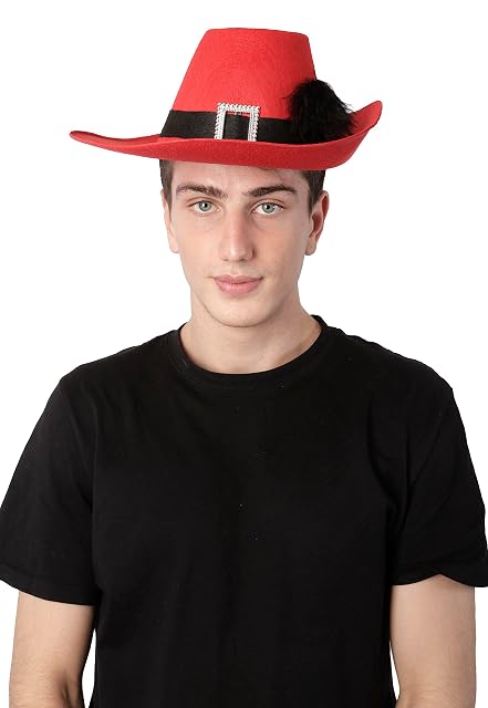 Carnavalife Sombrero de Mosquetero para Adulto, Sombrero de Pirata Rojo de Vaquero con Cintas Negro y Plumas