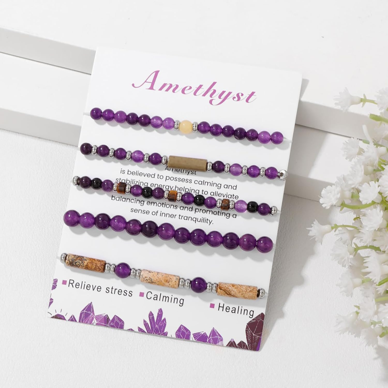 5Pcs Crystal Bracelet for Women Spiritual Natural Stone Bracelet Set Stackable Beaded Bracelets Healing Crystal Bracelet Gemstone Bead Bracelet Beaded Stretch Bracelets for Women - Image 6